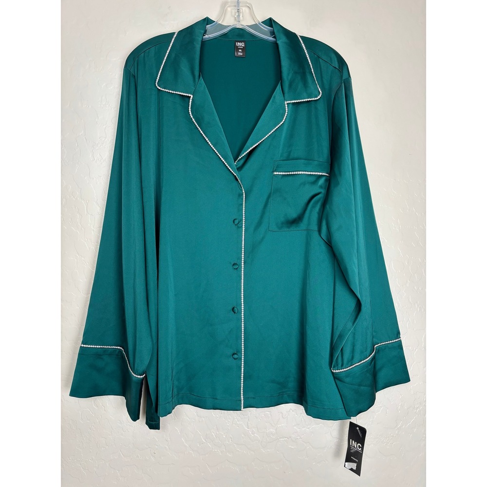 INC International Concepts Green Satin Rhinestone Trim Pajama Top XXL NEW 2706